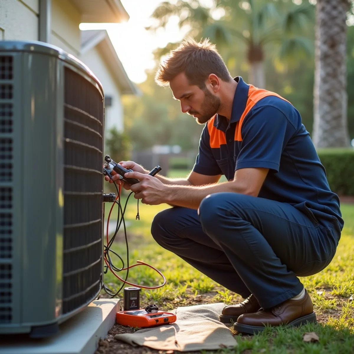 HVAC technician diagnosing an air conditioner with a multimeter in an Orange Park, FL home