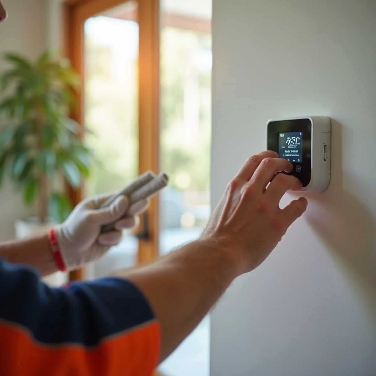 Homeowner setting a thermostat to cool mode in an Orange Park, FL home