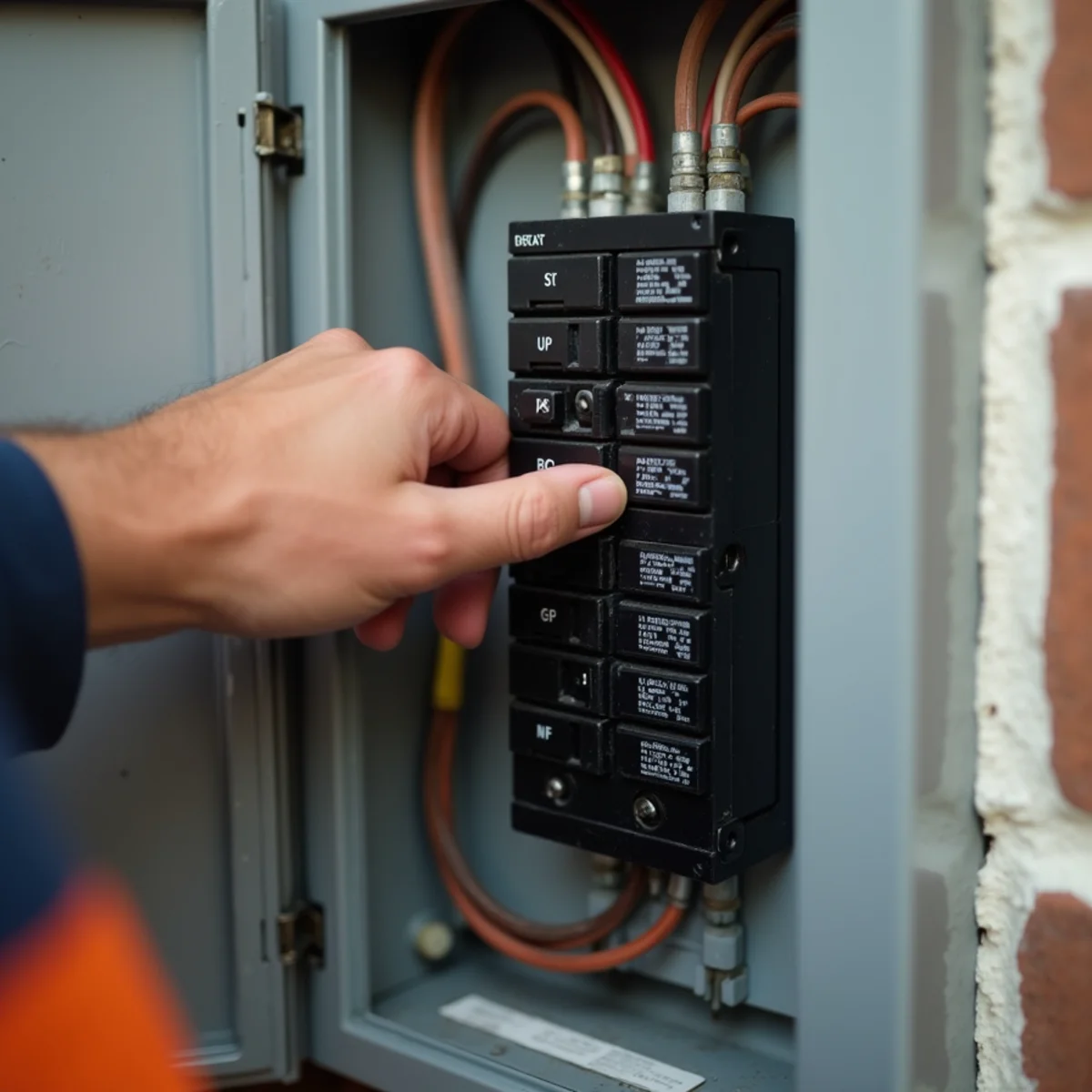 Hand resetting a tripped breaker in a home electrical panel