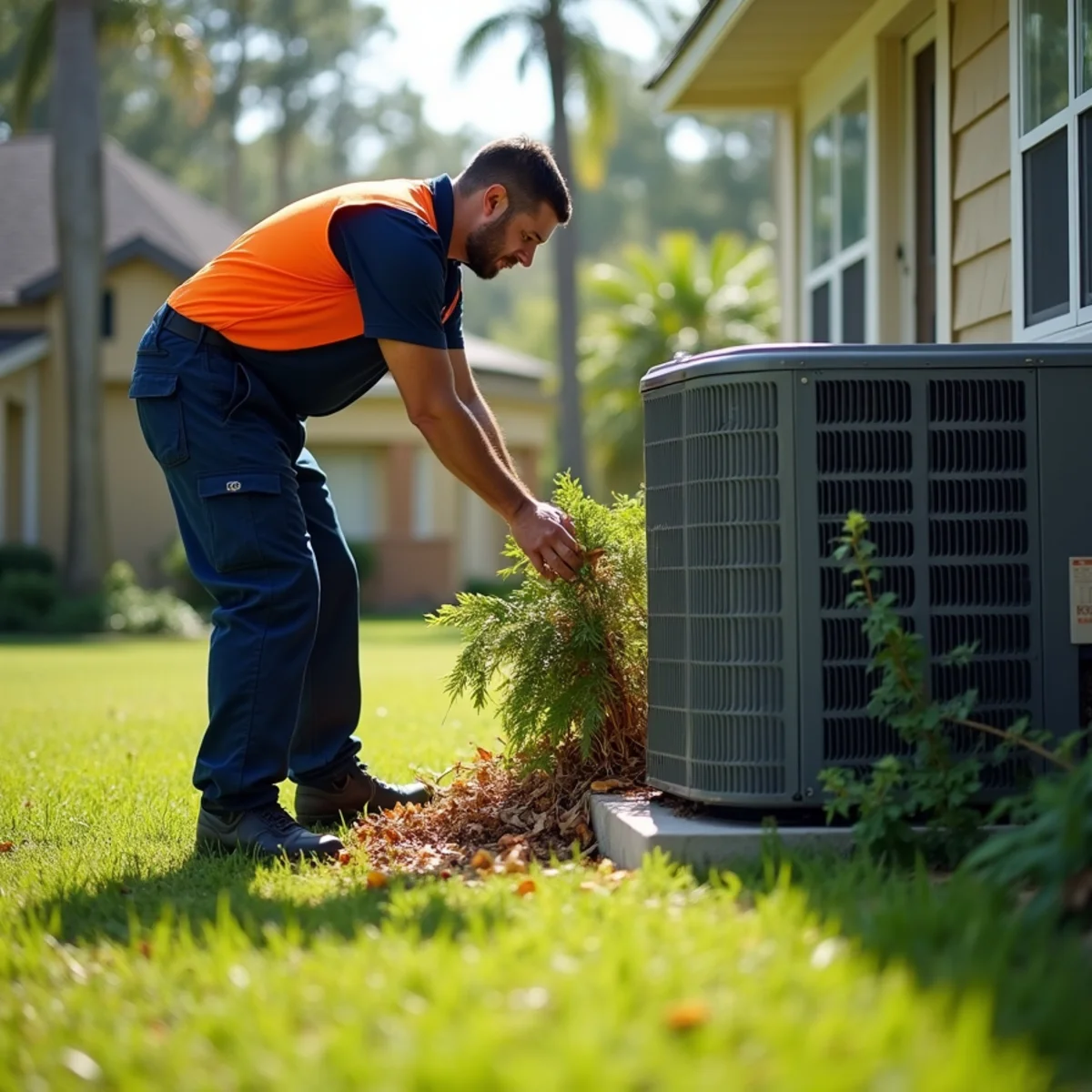 Clearing leaves and storm debris from an outdoor AC condenser