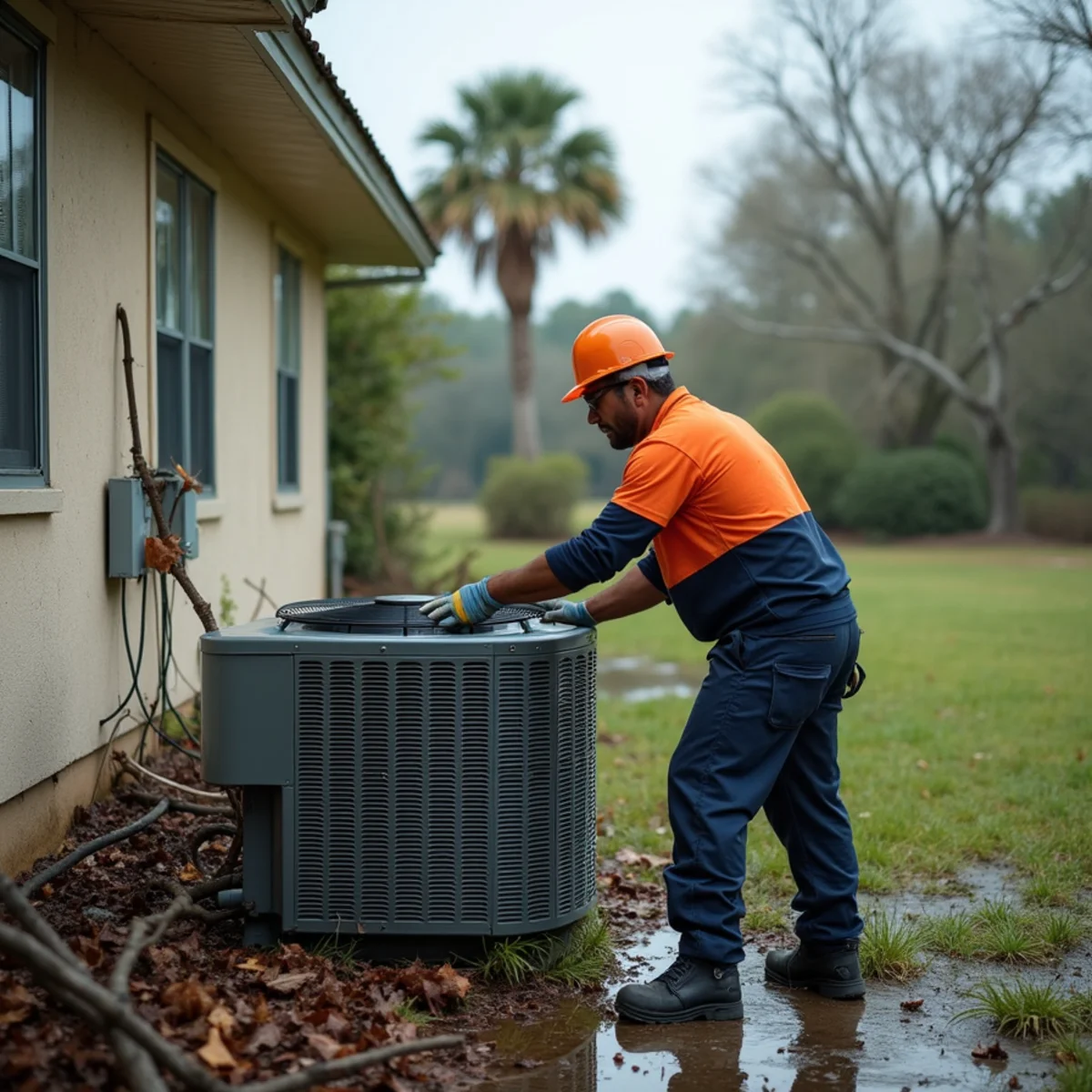 Outdoor AC unit surrounded by storm debris after a hurricane in Clay County, FL