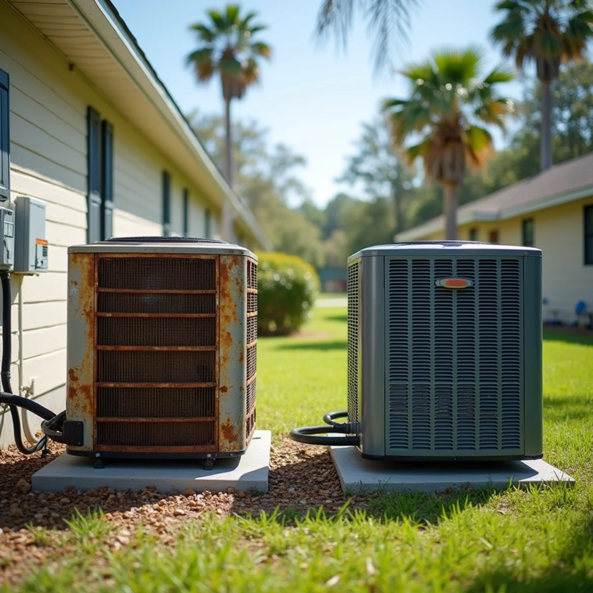 Aging air conditioning condenser beside a newer unit, repair-or-replace decision in Florida