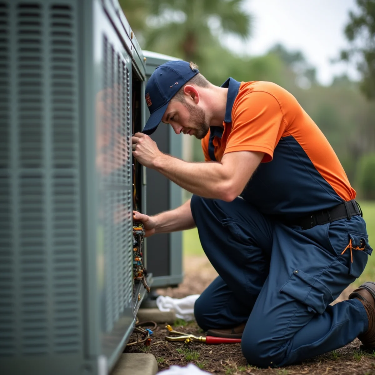 Technician servicing a residential heat pump outdoor unit in Orange Park, FL